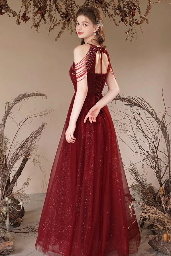 Burgundy Halter Tulle Long Prom Dress with Beads Elegant A-Line Backless Party Dress